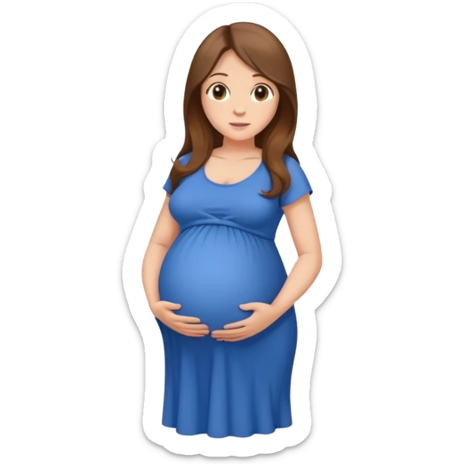 Pregnant woman with long brown hair and hazel eyes. Big belly wearing blue sticker