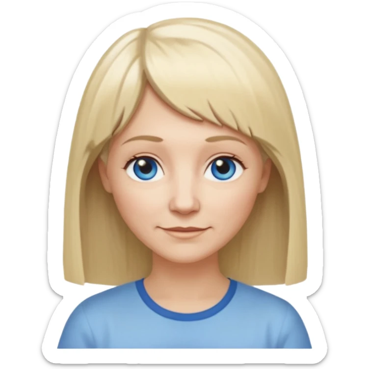 50 yr old white woman, hippie part short bangs, very long straight blond hair, oval face, small smile, blue eyes, thin face, hair downback, hair parted at center of head, round cheeks, pale, longer hair, white shirt sticker