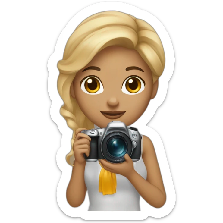 young women photographer light skin with honey colored blonde hair holding a camera canon sticker