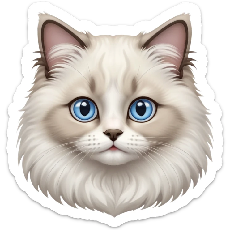 cinematic-adorable-big-eyed-fluffy-ragdoll-cat-portrait-emoji,-head-tilted-playfully-with-a-sweet-expression,-fluffy-white and grey-fur,-simplified-yet-irresistibly-cute-features-with-large,-expression, blue eyed ragdoll cat sticker