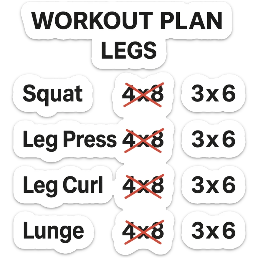 scheda di allenamento gambe con volume di allenamento ridotto (fai alcuni esercizi con 4x8 scritti in precedenza sbarrati in rosso e la correzione accanto tipo 3x6), scrivila al meglio che puoi sticker