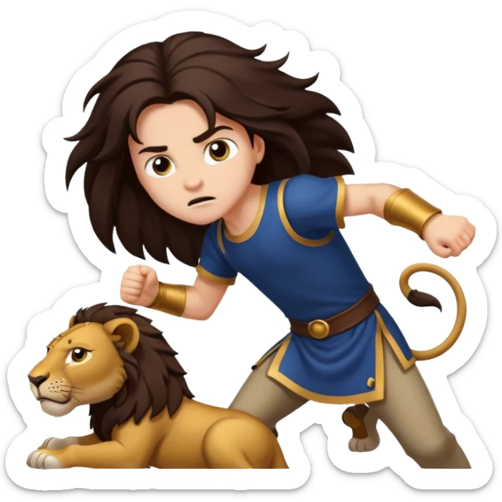 I want a royal child with dark brown long hair, fighting against a lion sticker