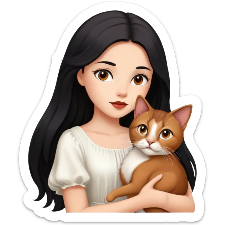 beautiful girl with long black hair wearing a white dress holding an Abyssinian cat with reddish-brown fur in her arms sticker