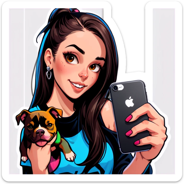  beautiful girl with choppy long dark hair with her nose piercing and her black iPhone with her her pet pit bull girl with an underbite layed next to her sticker