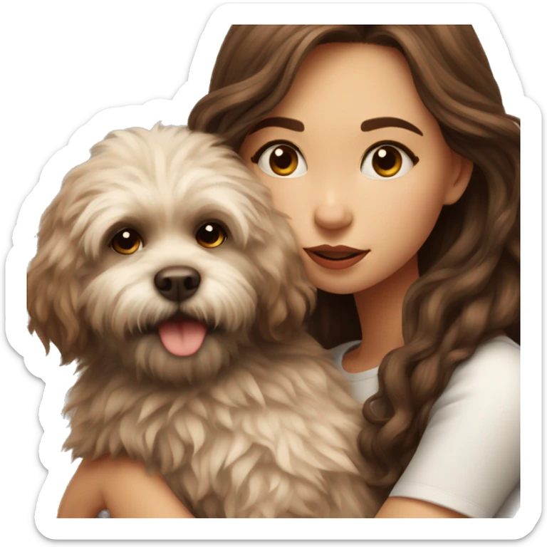 beautiful girl with brown hair kissing her fluffy dog sticker