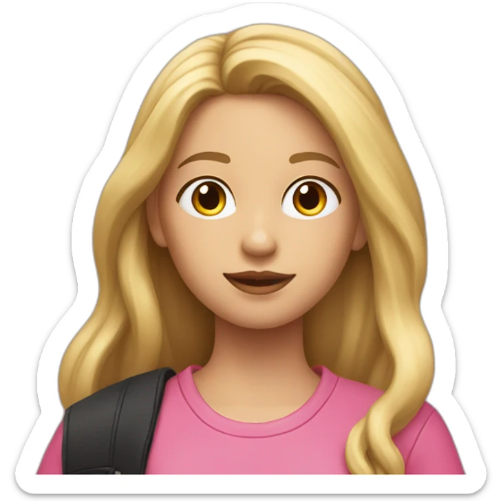 A girl with blonde long hair in a black jacket and a pink T-shirt puts 2 in the magazine sticker