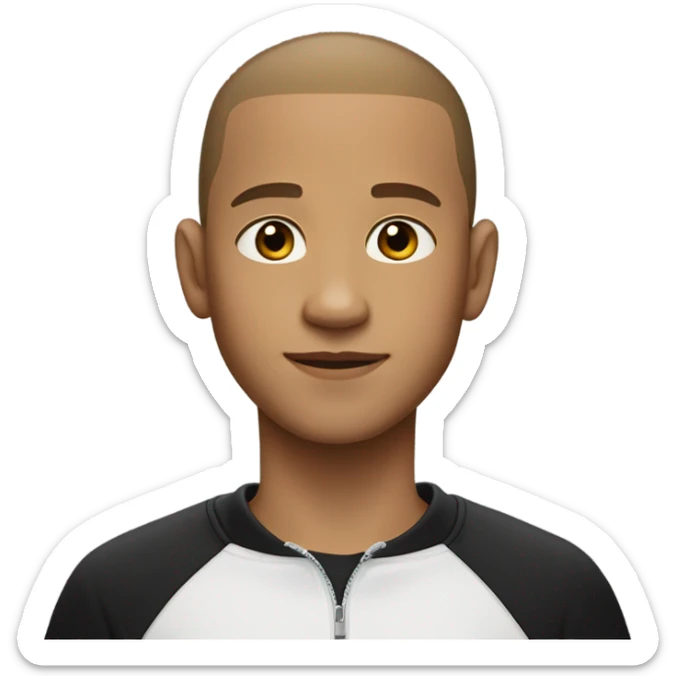 boy with very light brown skin, buzz cut, no facial hair, wearing a smart black quarter zip jumper with white t shirt underneath. sticker