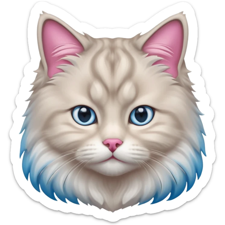 Fluffy Siberian cat face emoji, white and grey long hair, bright blue eyes, pink nose, friendly expression, 3D vector style, isolated on white background. sticker