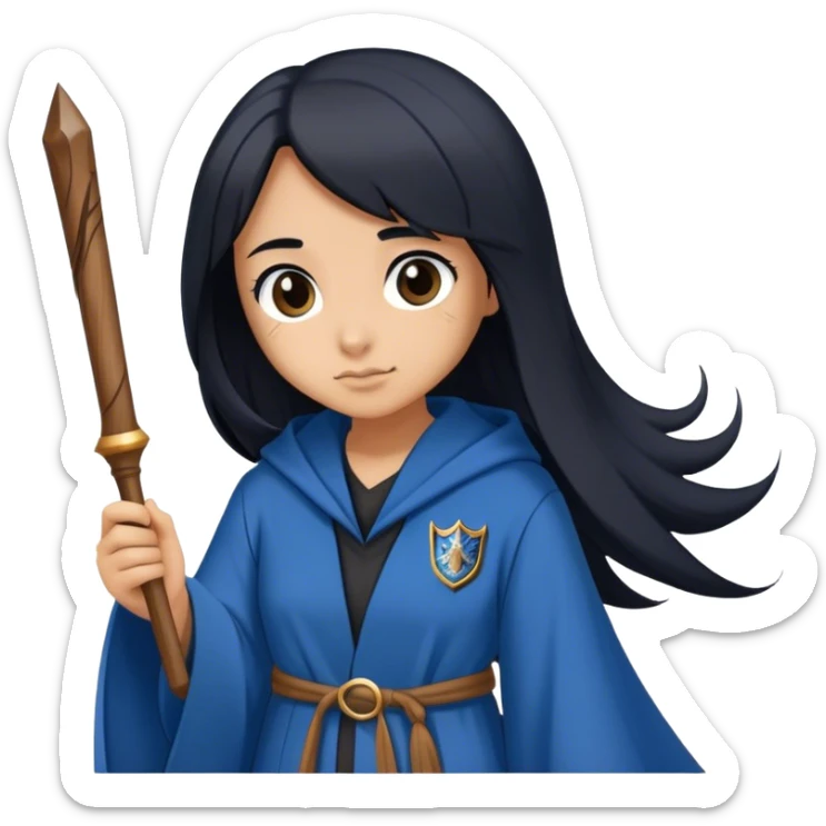 Girl with straight Long black hair and a ravenclaw Robe and a wooden wand sticker