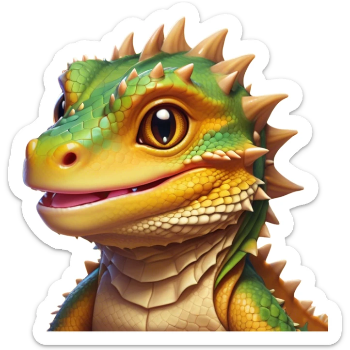 Cinematic Cute Bearded Dragon Portrait Emoji, Head tilted playfully and inquisitively, featuring a glossy, scaled hide in warm olive hues with an adorably scrunched spiky beard and round, sparkling eyes full of curious mischief, Simplified yet irresistibly adorable features, highly detailed, glowing with a warm, friendly glow, high shine, affectionate and lively, stylized with a touch of rugged whimsy, bright and endearing, soft glowing outline, capturing the essence of a mischievous yet loving dragon, so playful it feels like it could scamper out of the screen into your arms! sticker