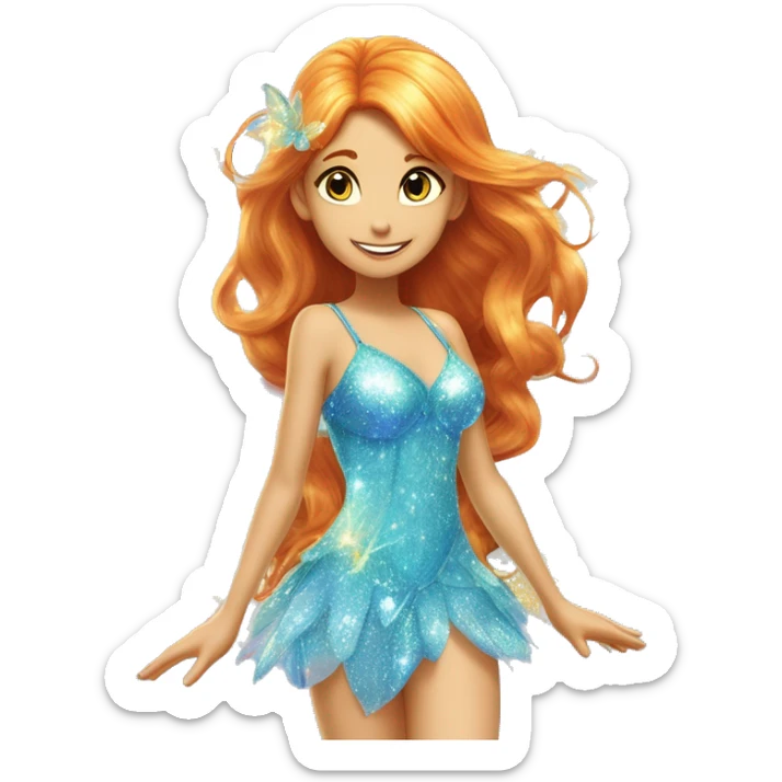 Bloom adult fairy of dragonflame in her enchantix fairy light blue sparkling two-piece clothing and fairy enchantix wings and long ginger hair in from winx club. Lots of sparkles and fairydust. Full body pic and full fairy bliss sticker