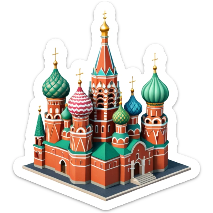 Isometric illustration of Moscow, featuring photorealistic Saint Basil's Cathedral with colorful onion domes, hand-drawn painterly details, subtle texture on bricks and roofs, realistic shadows and soft lighting, muted yet vivid color palette, diorama miniature effect. sticker