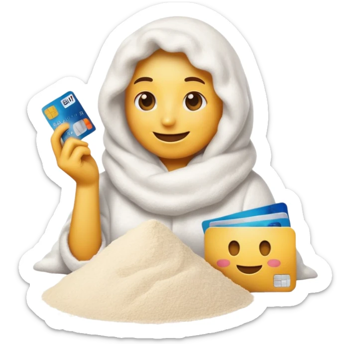 happy emoji with credit card in hand and a pile of flour sticker