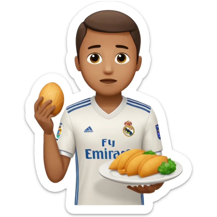 Lamine Yamal in Real Madrid football club uniform, crying and holding a plate sticker