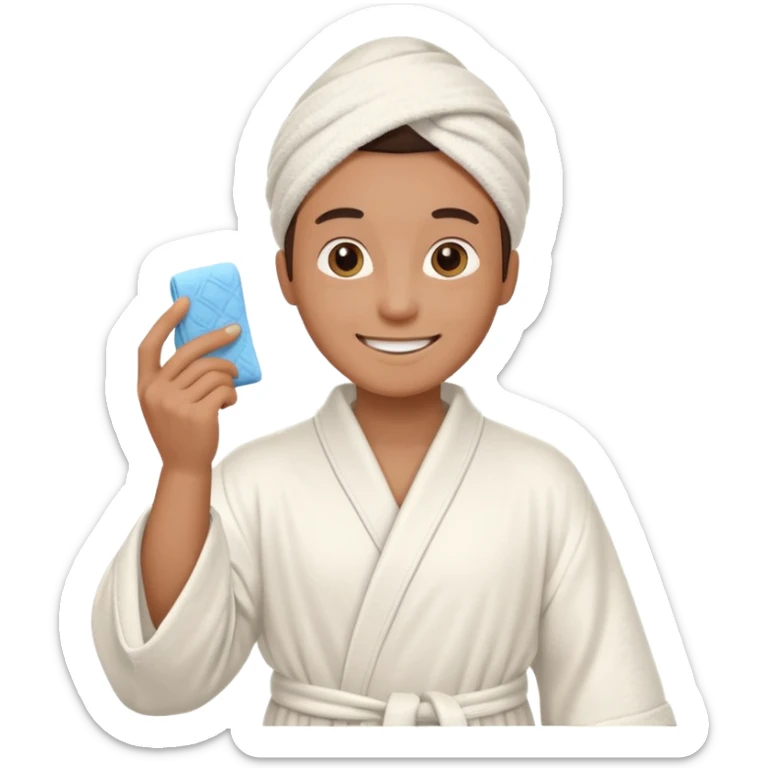 can you use this same emoji but change only the emotion to happy and giving a tip, keep the towels and robe sticker