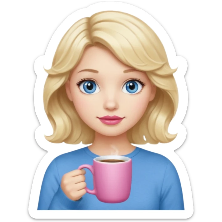 Girl Blonde short wavy hair,  blue eyes, cute blue top, long lashes, pink lips, holding hot coffee mug sticker