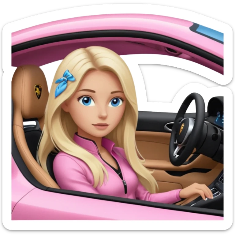pink Porsche taycan with blonde girl, long hair, blue eyes, sitting inside the car, front view point of view, no sunglasses, sexy sticker
