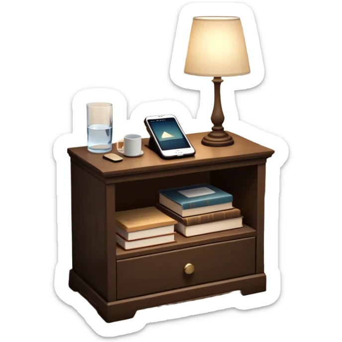 A dimly lit bedroom with a phone tucked away on a nightstand across the room. The bed is neatly made, and a glass of water sits beside a book on a cozy nightstand. Soft lighting signals a peaceful wind-down, representing the calm and control that comes from reclaiming your evenings. sticker