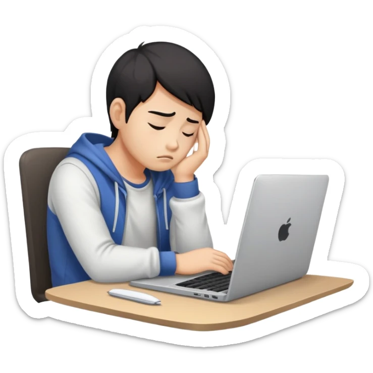 Create an emoji of a tired person of Asian descent, sitting at a laptop, looking exhausted and frustrated. They have slouched posture, representing overwork and burnout. sticker