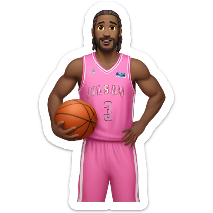 An emoji of a white-skinned man with slightly long hair, wearing a pink basketball jersey and holding a pink basketball sticker