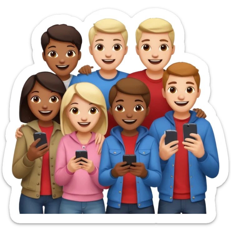 I want to generate an image to show a group of friends playing a mobile game sticker