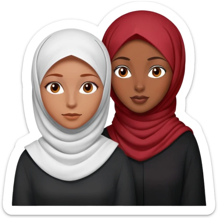 White girl with red hair and brown eyes WITH NO HIJAB ON next to a black girl wearing a hijab  sticker