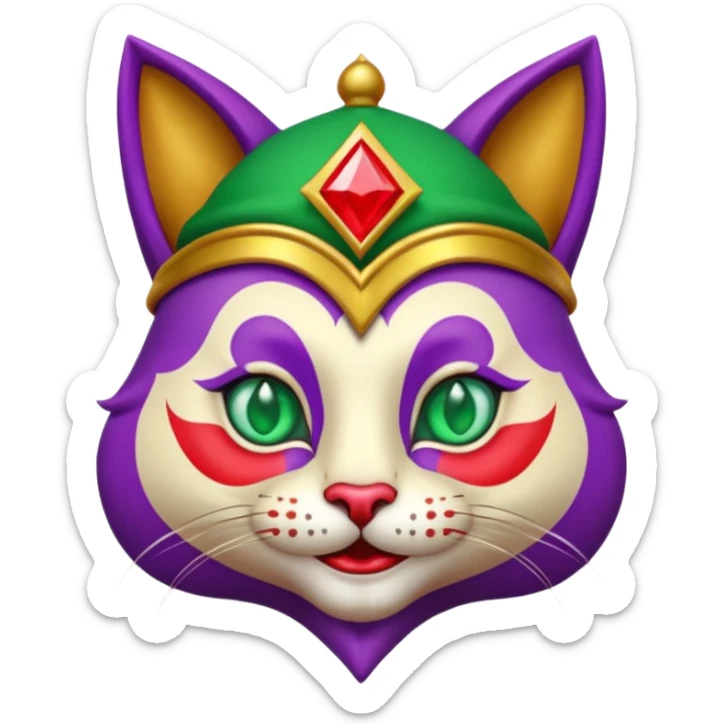 crazy colorful cute little cat jolly joker from poker, medieval, vintage, court jester, mac os icon, purple, gold and red color, half body, emerald green ice eyes, golden earrings. Squared shape as 3D mac os icon, symmetrical sticker