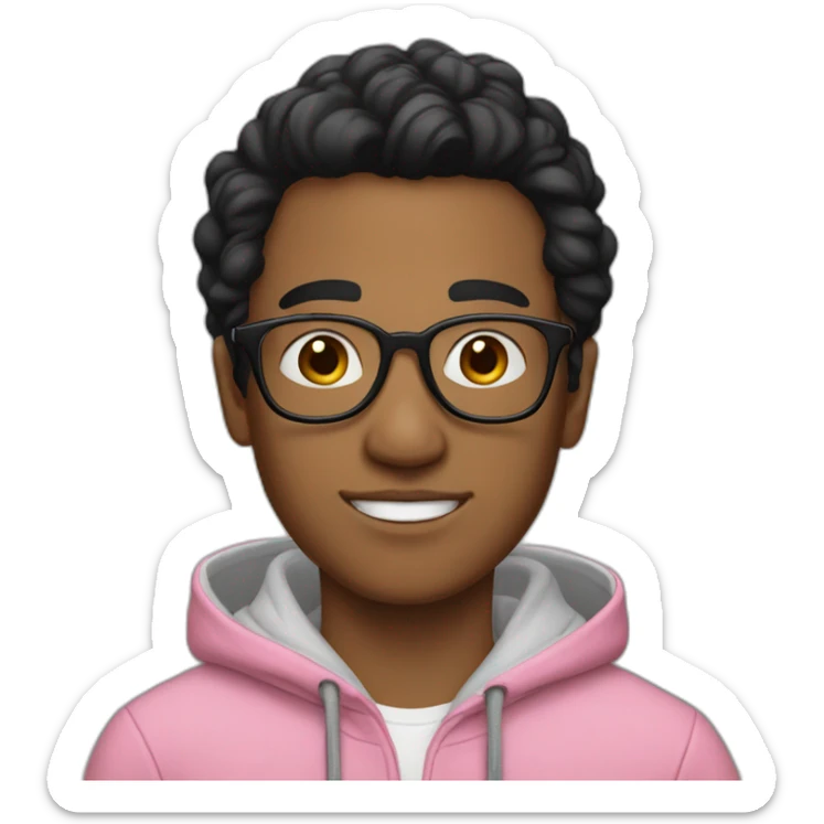 A young man wearing glasses, a pink hoodie, black hair, white skin, and his hair is combed up.  sticker