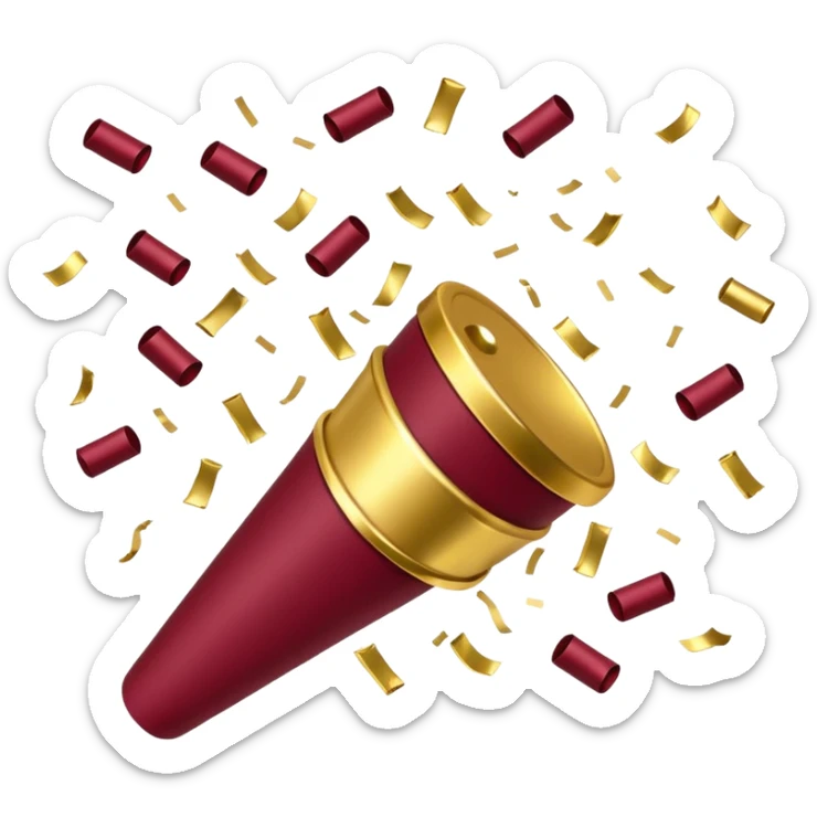 Burgundy and white confetti coming out of gold popper sticker