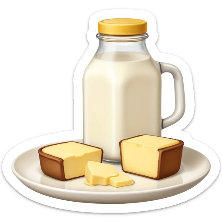 one bottle of milk with a brown cap and a piece of mini butter on a plate  sticker
