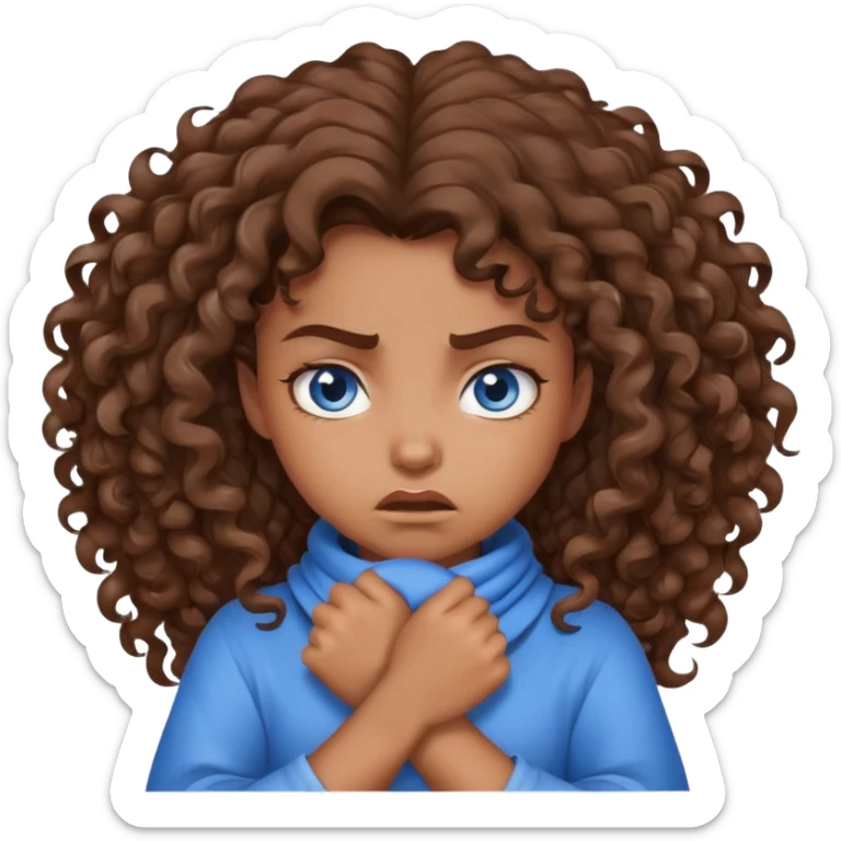 an angry girl with curly brown hair and blue eyes wrapping her hands around her neck sticker