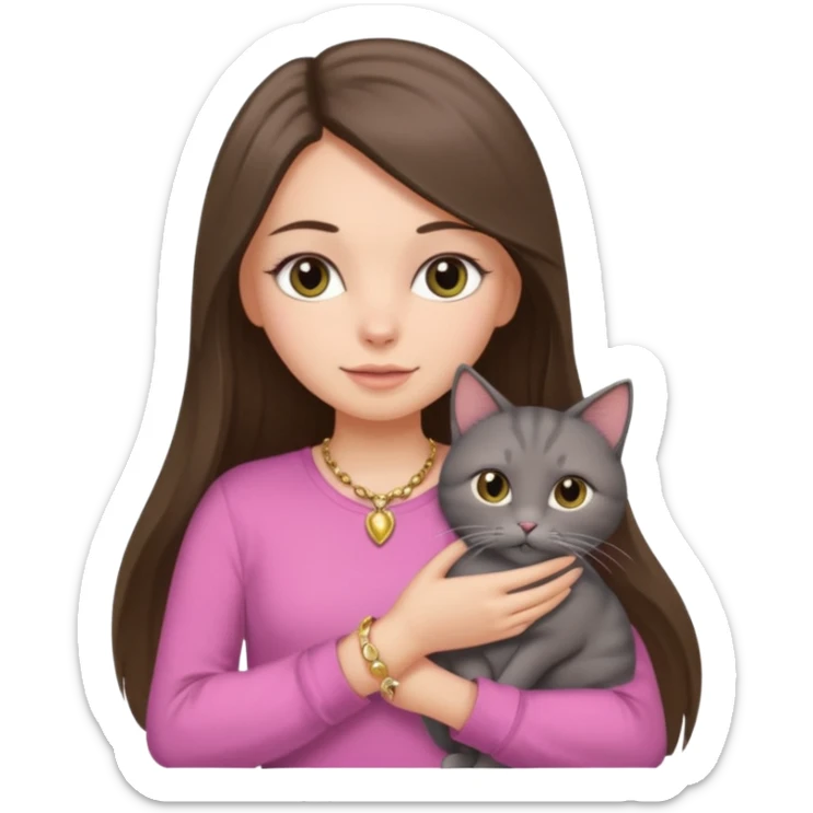 a white girl with brunette long straight hair holding a grey cat. the girl has long lashes and has on a pink shirt and gold jewelry. sticker
