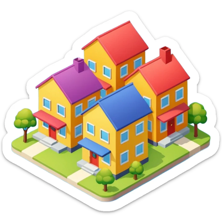 group of 3 houses representing neighborhood isometric houses on transparent background iphone like sticker