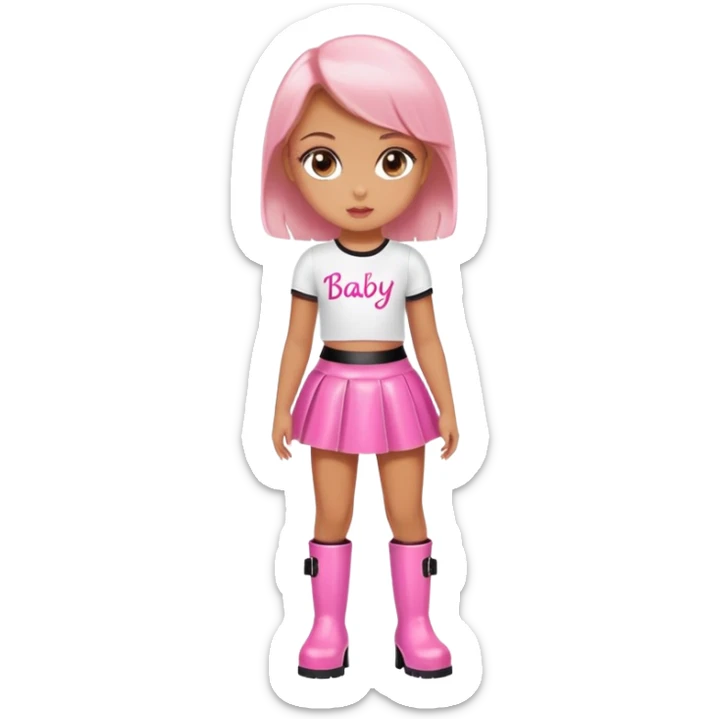 Mini latex skirt and boots and short top with pink inscription “Baby girl” sticker