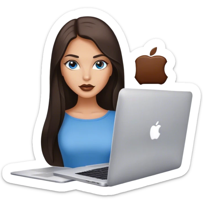 Glamours tanned very beautiful girl with pump natural beige lips and dark chocolate straight smooth long hair, blue-grey eyes with MacBook sticker