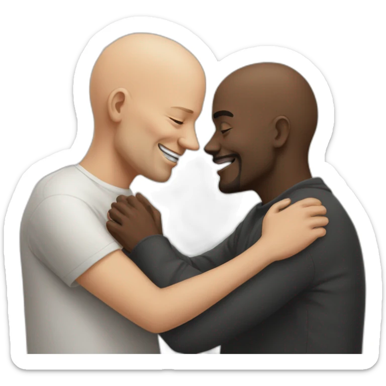 50 years old bald white guy hugs and kisses a 50 years old black bald guy sticker