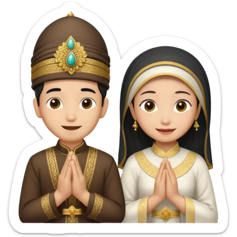 javanese person with shy smile (male) with blangkon hat and prayer hand, and also a javanese bride with sanggul and a shy smile sticker
