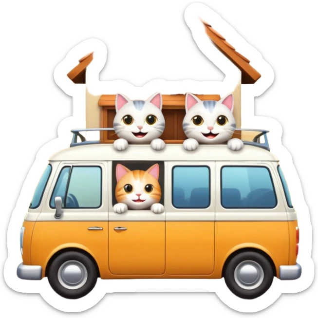 two cartoon cats in a van waving out the window at a small house in the background sticker