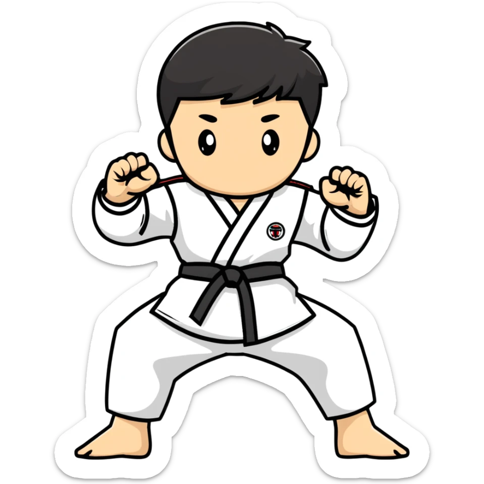teenage boy or girl in a traditional Tae Kwon Do stance with a white dobok uniform sticker