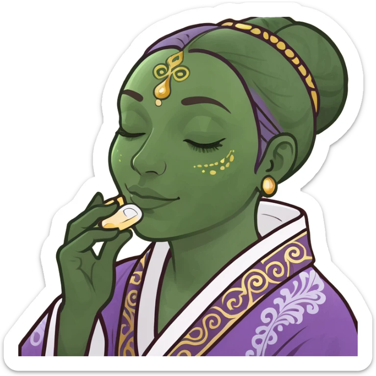 meme emoji of a person enjoying a soothing face rub with Slaanesh iconography subtly incorporated, purple and gold accents, ornate patterns, sense of pleasure and excess sticker
