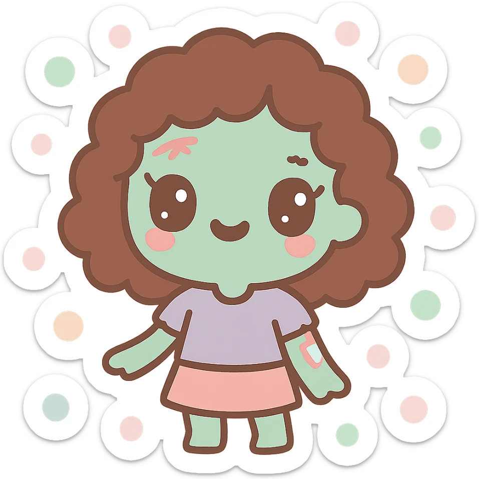 zombie girl with curly brown hair and brown eyes, stylized illustration sticker