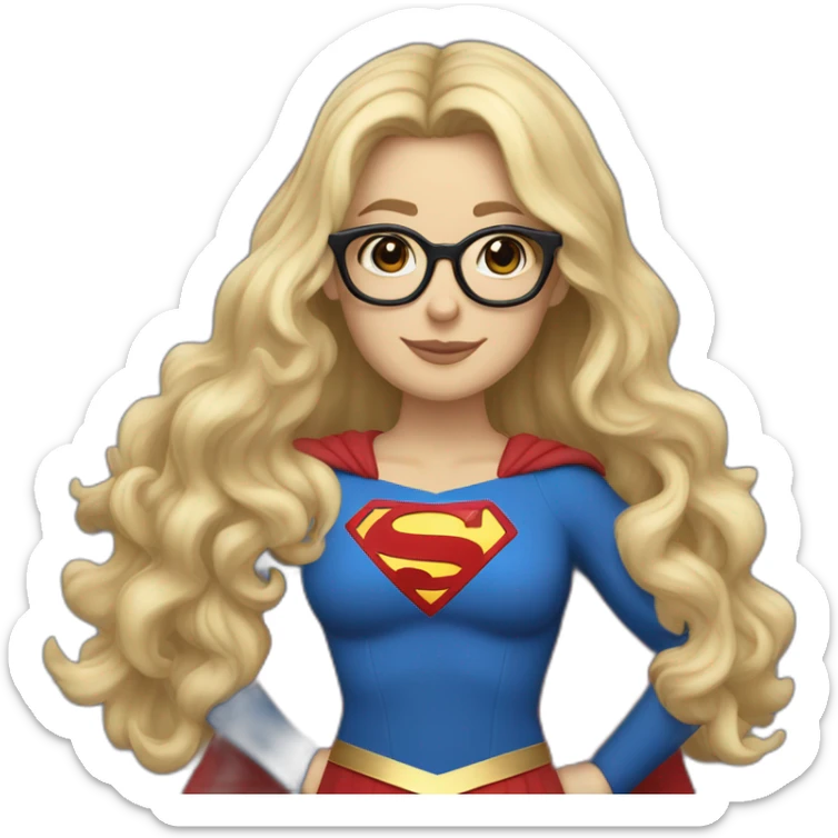 Caucasian Supergirl upper body long wavy hair and glasses with an "F" in the chest sticker