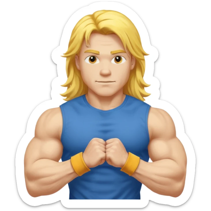 young guy with biceps fkexing, long yellow hair, blue t-shirt sticker