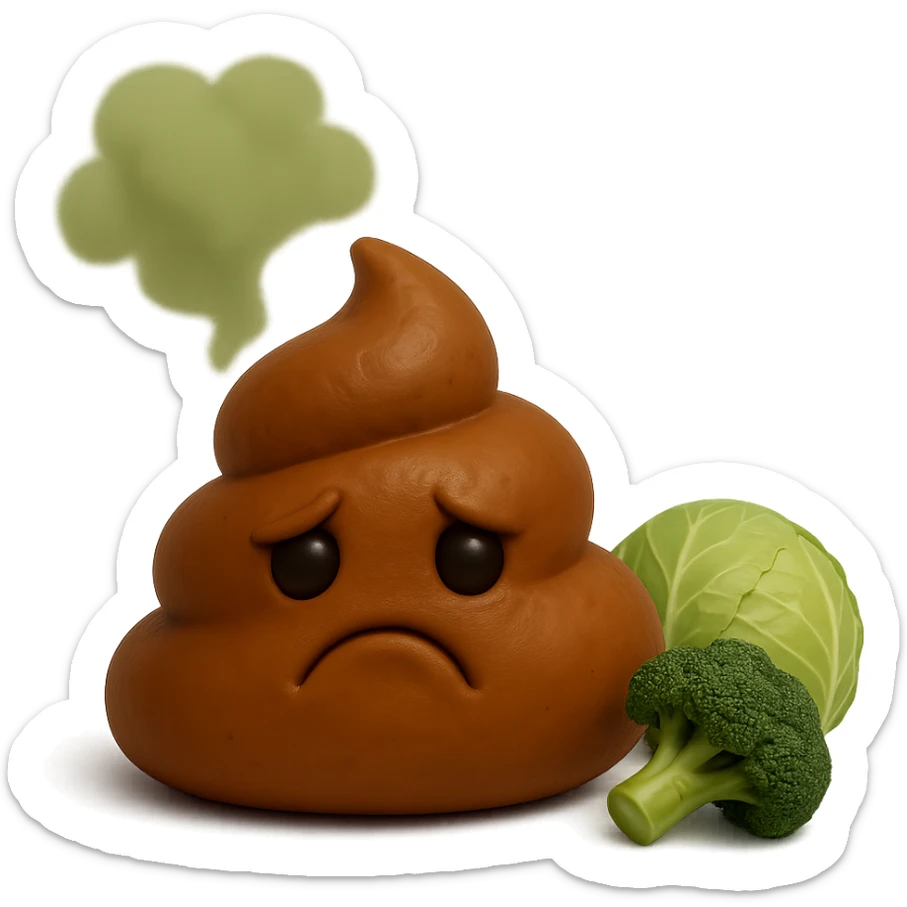 emoji stile iphone feci tristi realistiche 3d con nuvoletta verde che esce simboleggiando puzza e con accanto cavoli e broccoli, realistico 4k
 sticker