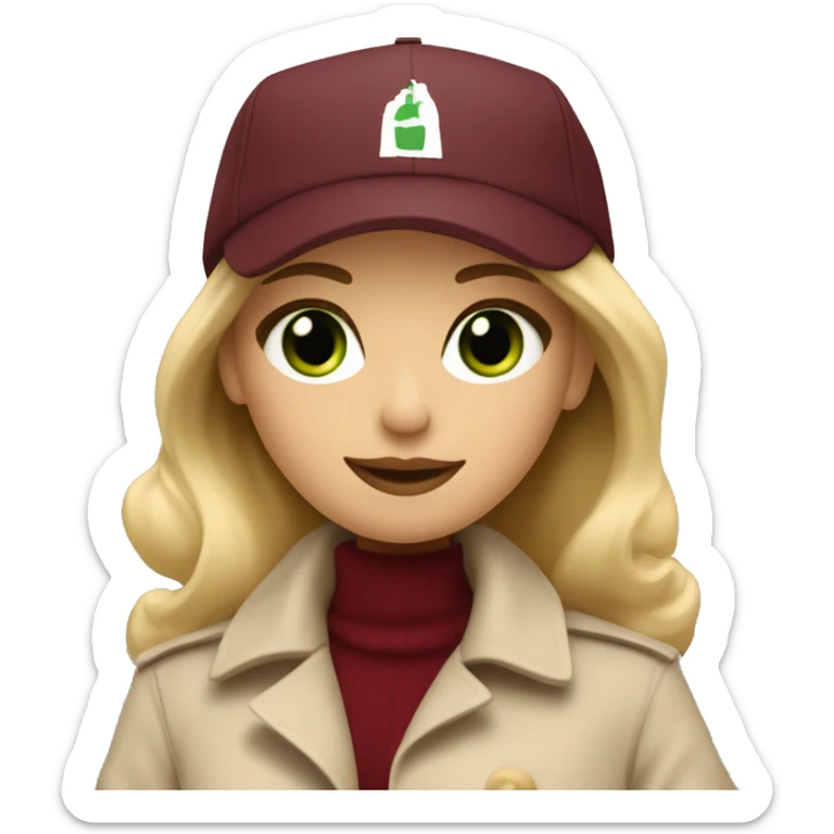 Blonde girl with green eyes in beige trench coat and burgundy baseball cap written Paris on it  sticker