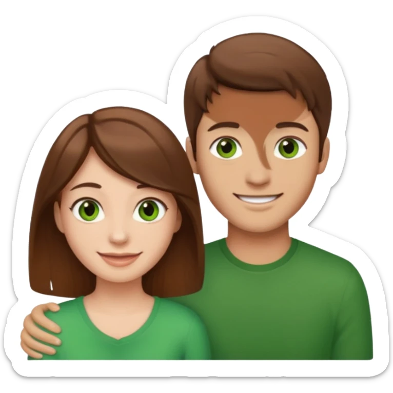 A boyfriend with light brown hair and green eyes next to his girlfriend with dark brown hair and dark brown eyes both are white sticker