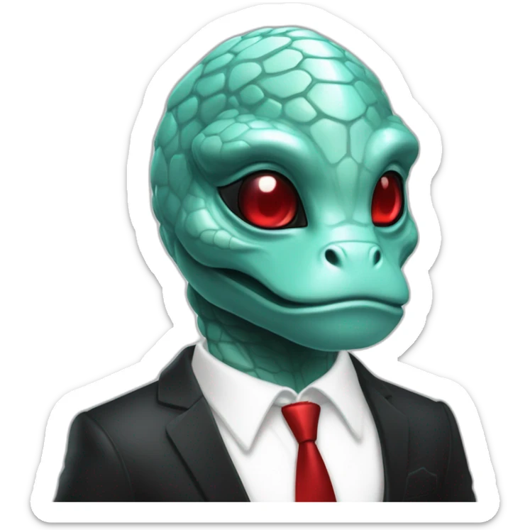 Aquamarine reptilian in classic black suite with red laser eyes on the middle of platinum coin sticker