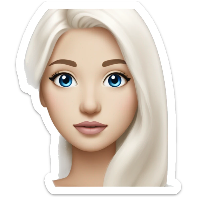 slavic girl medium length white straight hair, blue eyes, light pink beige glittery lips sticker