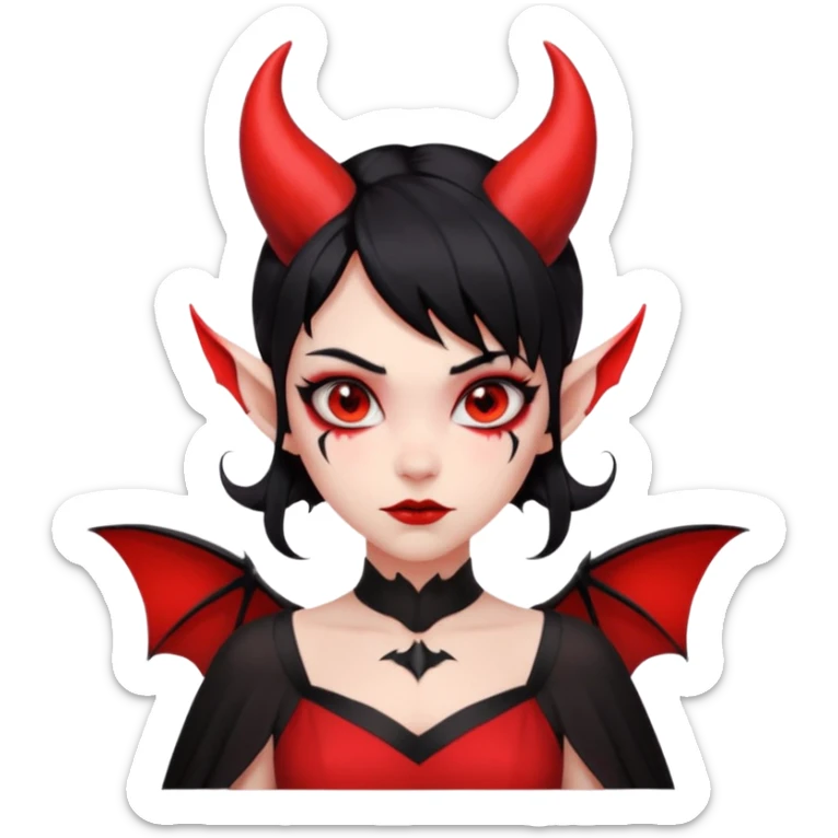 demon girl, skin 100% solid red (no pale/blush), black hair, small horns, pointed ears, bat wing, black open-back dress, bold black outlines, red+black palette sticker