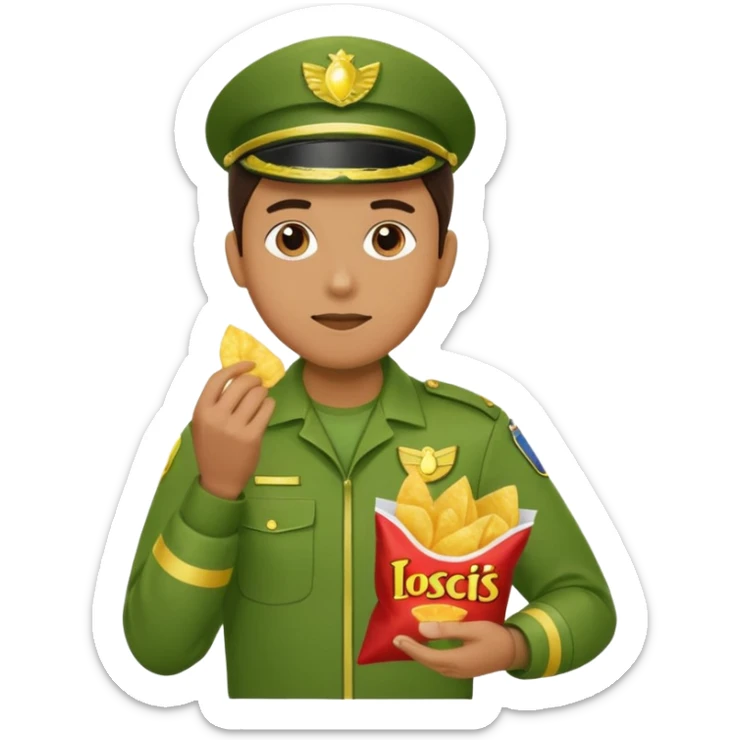 supermarket collegue wearing a green uniform and eating a packet of crisps sticker